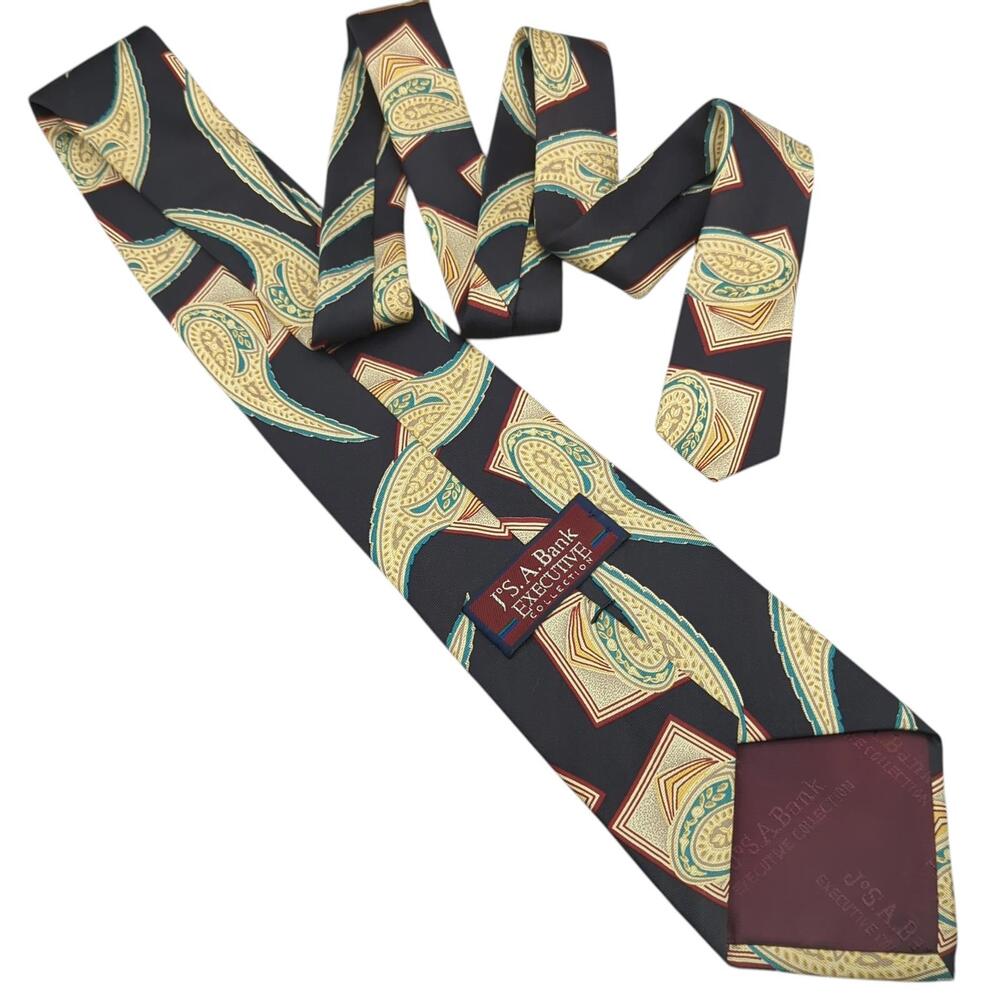 Vintage Jos A Bank Mens Tie Geometric Paisley Black Teal Red Cream Silk Necktie - Picture 2 of 6